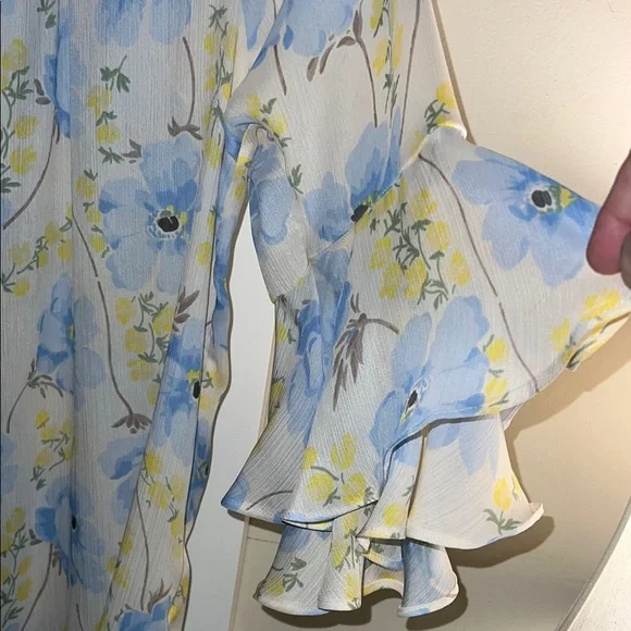 Chaps Blue and White Flutter Sleeve Blouse - Picture 2 of 5